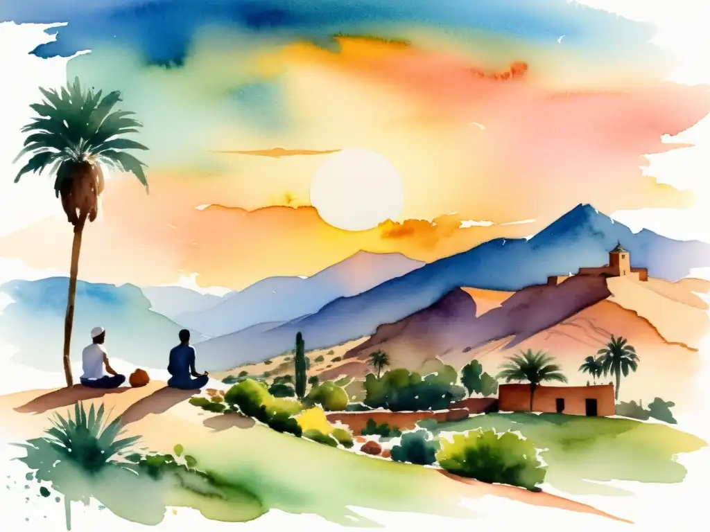 Pintura acuarela: Retiro espiritual en oasis del desierto de Marruecos Un retiro espiritual en Marruecos: pintura acuarela del atardecer en las montañas del Atlas, con un oasis tranquilo y personas practicando yoga