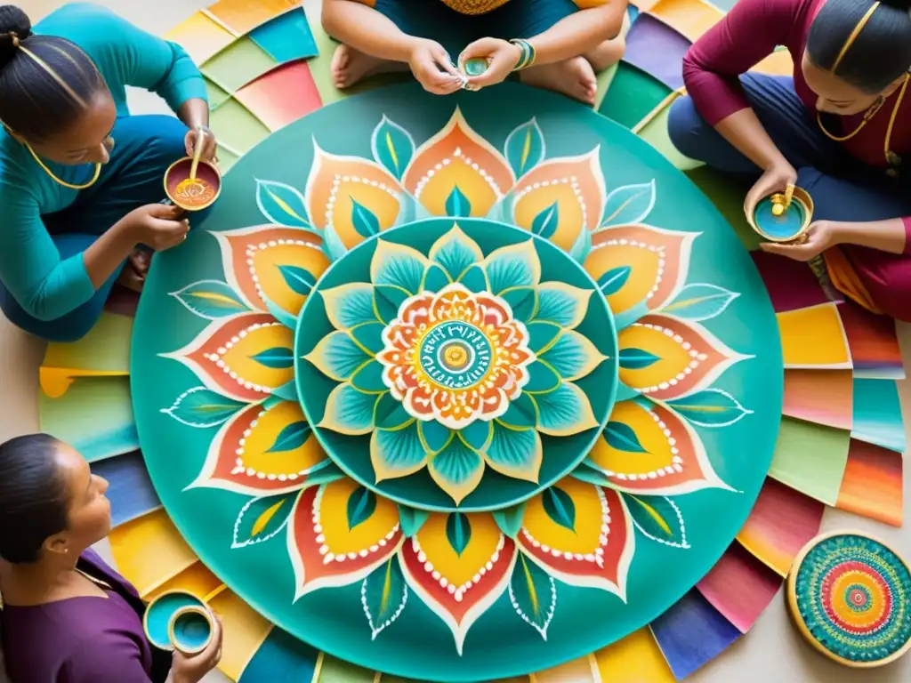 Retiro de Mandala: Diversidad Cultural en Arte Retiro espiritual de pintura mandala con personas de diversas culturas, pintando mandalas con acuarelas vibrantes