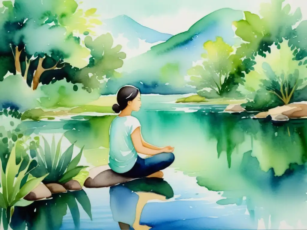 Meditación en la naturaleza: pintura acuarela Retiro espiritual para reconectar contigo: pintura acuarela de serenidad y paz en la naturaleza, persona meditando entre vegetación y agua