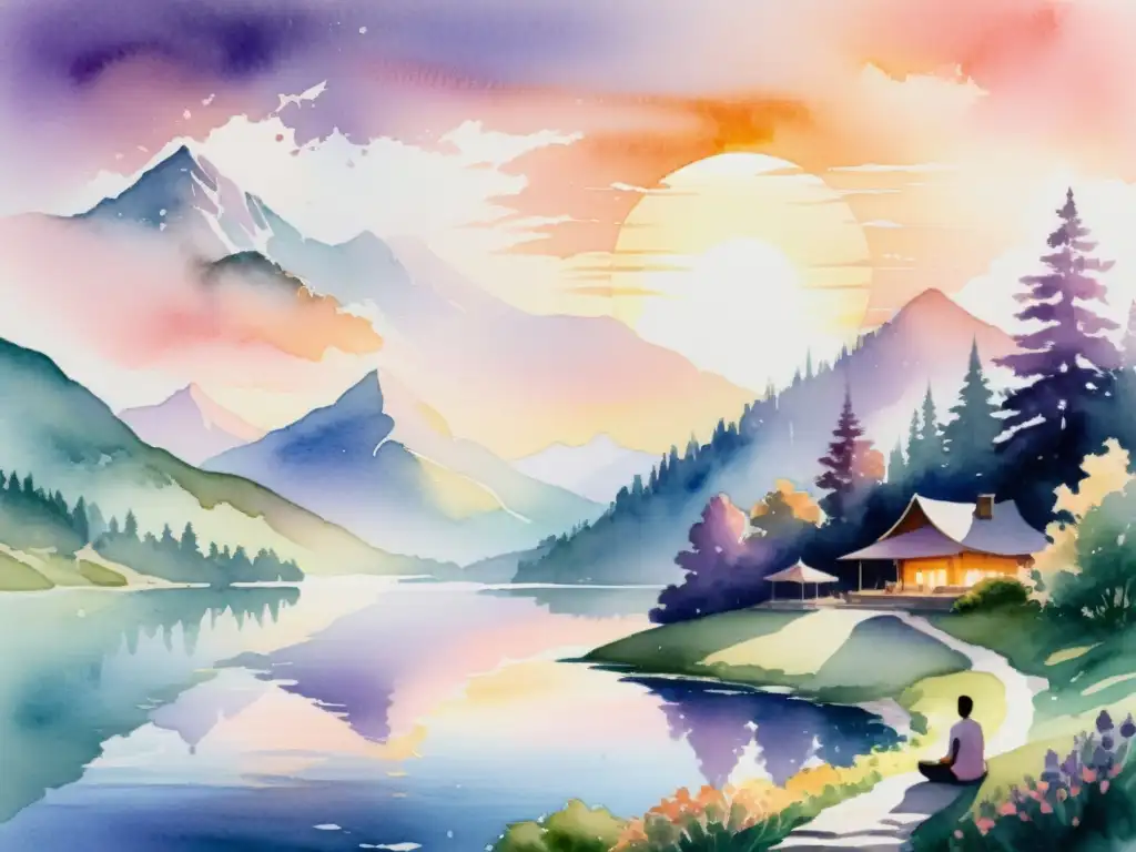 Paisaje sereno: meditación al atardecer en la montaña Retiro espiritual 2023: Pintura acuarela de un tranquilo retiro en la montaña con lago, árboles verdes y personas meditando al atardecer