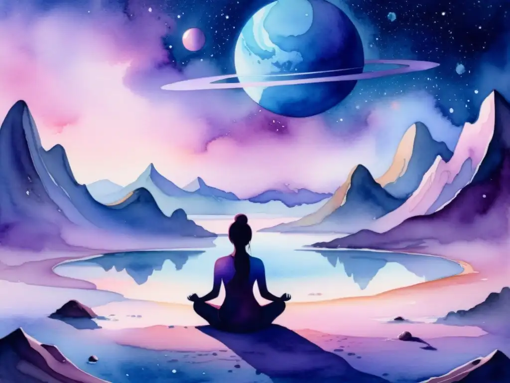 Figura en meditación cósmica en planeta distante Retiro espiritual en planeta distante, meditación en paz bajo luz etérea en el espacio infinito