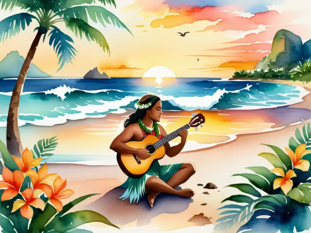 Paisaje tranquilo con músico polinesio y ukulele Retiro espiritual en la playa polinesia al atardecer, músico tocando el ukelele entre flores tropicales