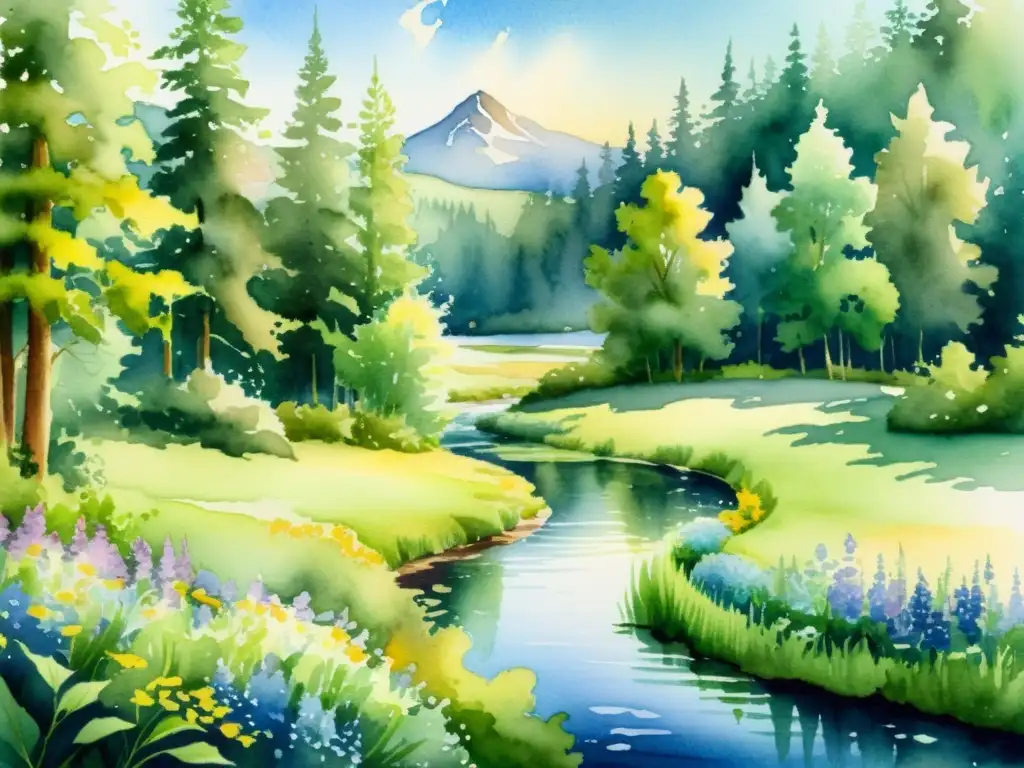 Bosque sereno: acuarela de naturaleza exuberante y paz Retiro espiritual en el bosque, refugio de paz y renovación personal 2023