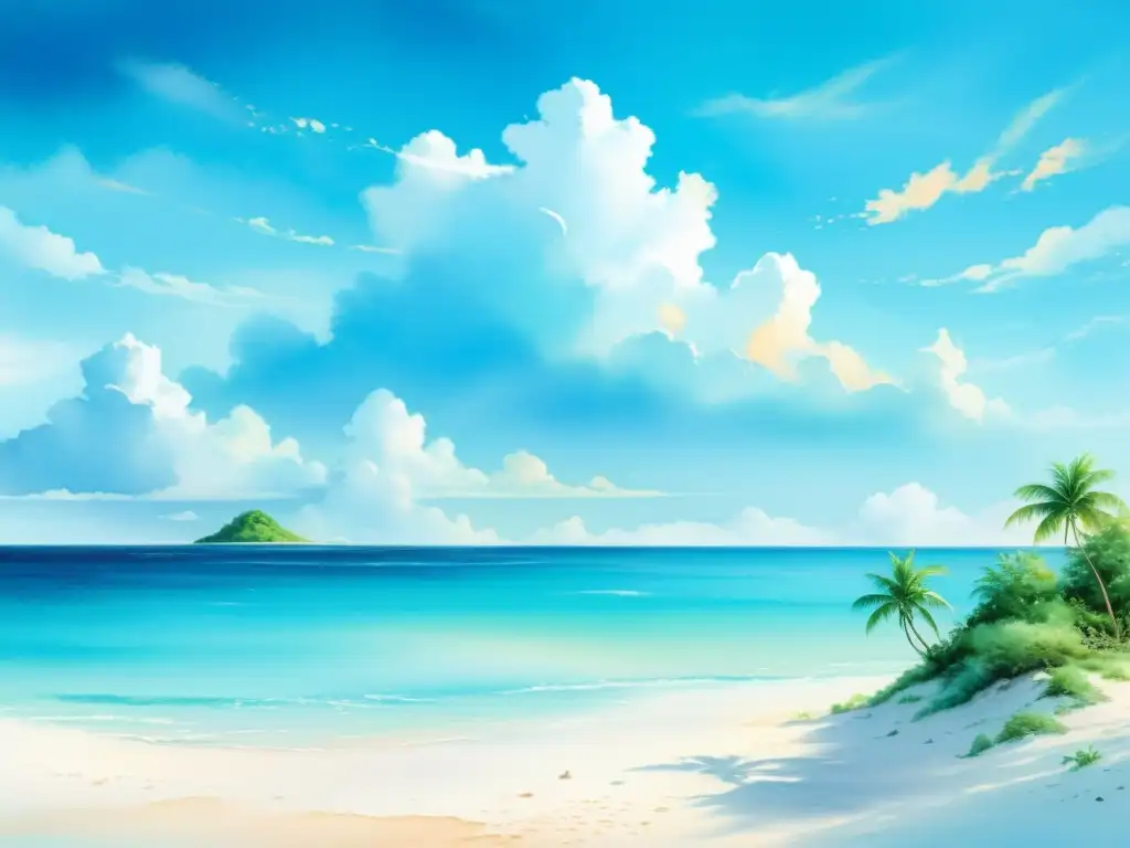 Paraíso tropical: Pintura acuarela de isla remota Un retiro espiritual en una remota isla tropical, con aguas turquesas, exuberante vegetación y una playa tranquila