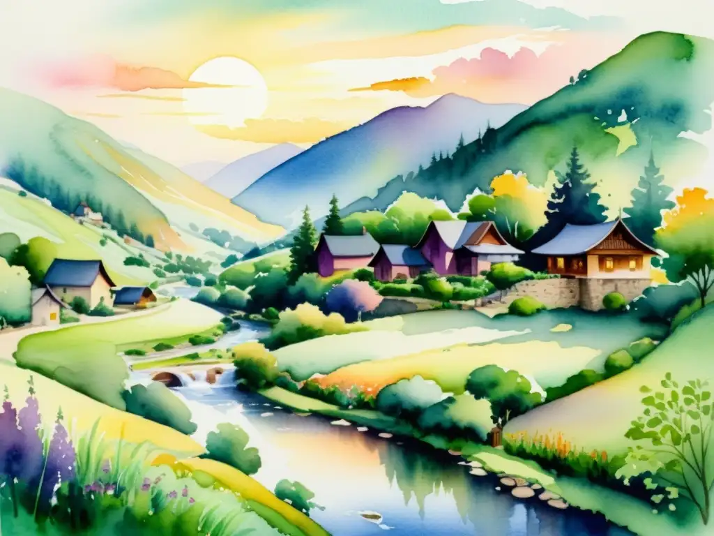 Pintura acuarela de Plum Village: paisaje sereno y contemplativo Retiro espiritual meditación Plum Village: Pintura acuarela serena de paisaje exuberante, con arroyo y luz cálida del atardecer