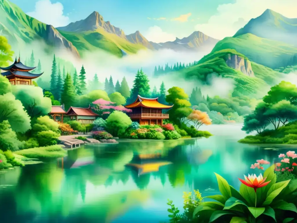 Retiro sereno en paisaje montañoso Un retiro espiritual sereno en un paisaje exuberante con sanación pránica