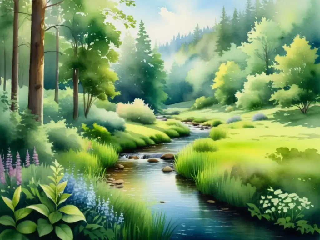 Cuadro acuarela: Bosque sereno con luz suave Retiro espiritual online silencioso en un claro de bosque pintado en acuarela, con luz suave filtrándose entre las hojas y un arroyo sereno