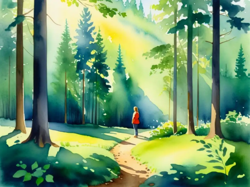 Figura en el bosque: serenidad y autoconocimiento Retiro espiritual en el bosque nórdico: figura solitaria, paz interior y renovación personal entre árboles y luz filtrada