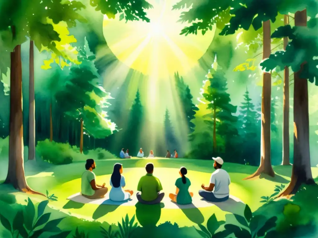 Rituales espirituales en bosque ancestral Retiro espiritual en tradiciones indígenas: ceremonia en el bosque con luz cálida filtrándose entre los árboles y participantes en círculo