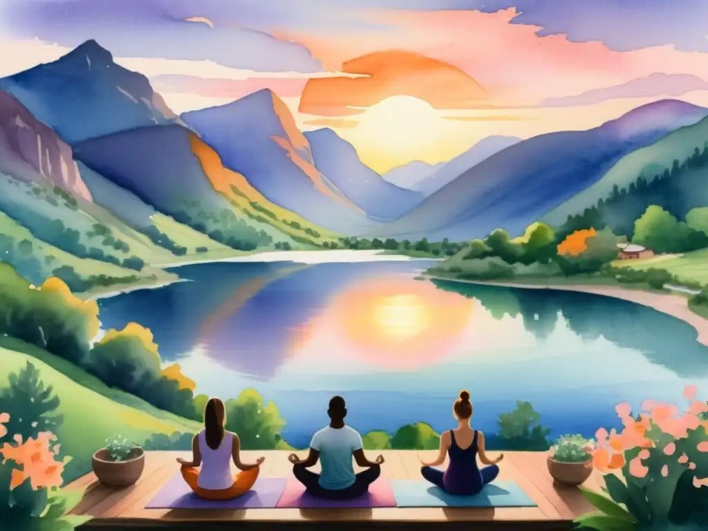 Retiro de yoga en el valle: pintura acuarela serena Un retiro espiritual de yoga y mindfulness en un valle verde, al atardecer