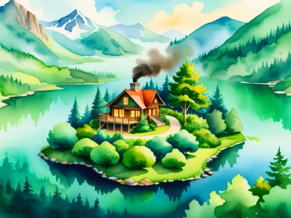 Retiro sereno en la montaña: ilustración acuarela 8K Retiro espiritual para alinear valores en ilustración acuarela detallada de montaña serena, con cabañas entre árboles y lago tranquilo