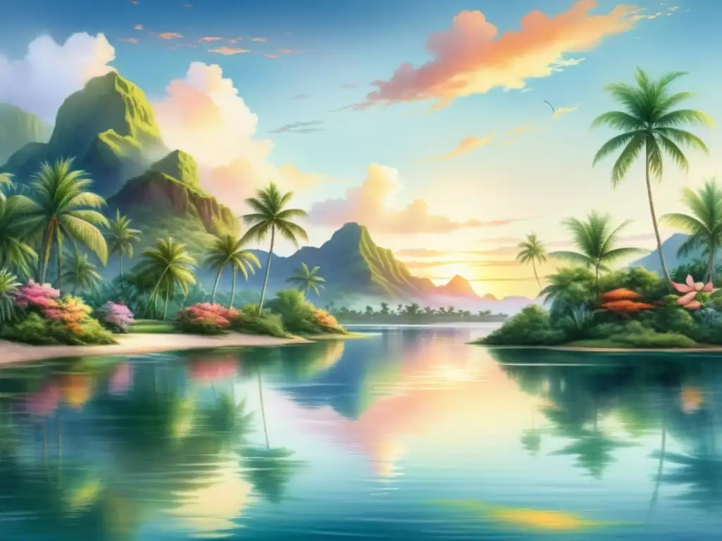 Paraíso Polinesio: Acuarela Serena de Naturaleza Exuberante Retiro de mindfulness polinesio: paisaje sereno con palmeras, flores tropicales y laguna tranquila reflejando los colores pastel del atardecer