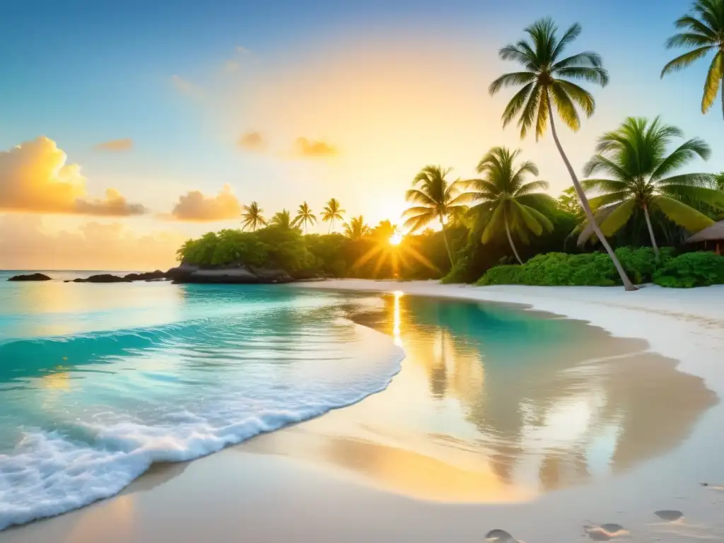 Retiro de Mindfulness en Playa Polinesia al Atardecer Un retiro de mindfulness polinesio para renovación: una playa serena al atardecer con palmeras y personas practicando mindfulness en la arena blanca