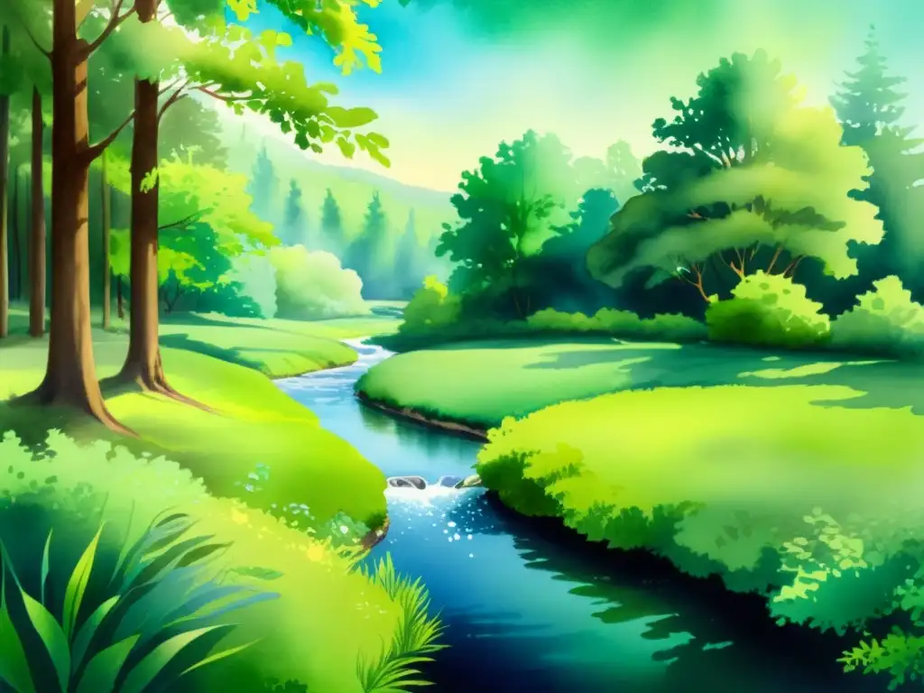 Bosque tranquilo: acuarela de un claro sereno Retiro de silencio para renovación: pintura acuarela de un claro bosque sereno, iluminado por la luz solar entre la exuberante vegetación, transmitiendo tranquilidad y paz