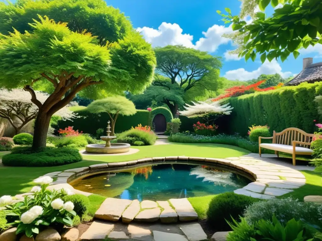 Rincón de escritura en el paraíso natural Un retiro de silencio para escritores en un patio sereno con vegetación exuberante, un camino de piedra y un tranquilo estanque bajo el sol