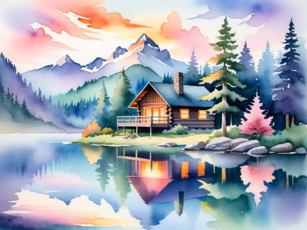 Pintura acuarela: cabaña en el bosque junto al lago al atardecer Un retiro de silencio en la naturaleza de Canadá: una cabaña acogedora entre altos pinos, un lago tranquilo y el atardecer reflejado