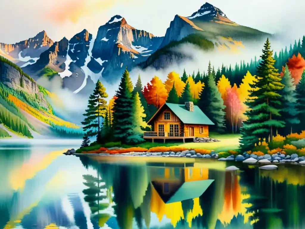 Refugio en el bosque: pintura acuarela de cabaña y lago en otoño Un retiro de silencio en la naturaleza de Canadá: una cabaña serena entre altos pinos, un lago tranquilo y montañas brumosas en otoño