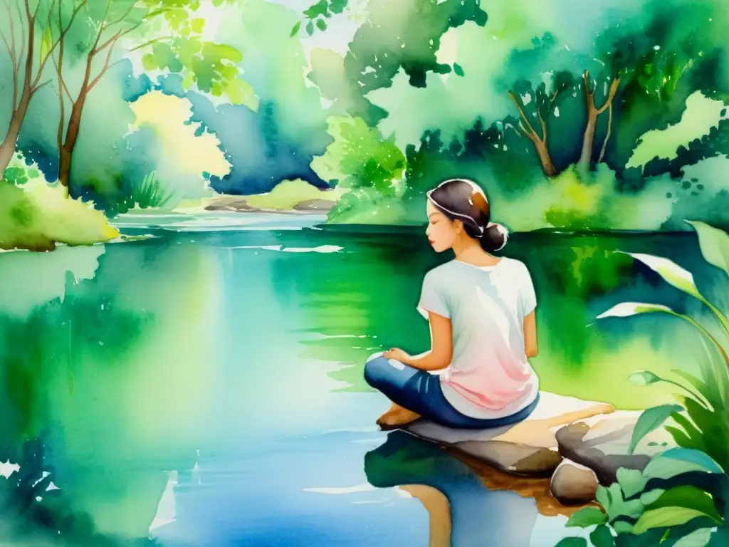 Retiro tranquilo en la naturaleza: pintura acuarela de serenidad Un retiro de silencio para renovación, representado en una serena pintura acuarela de contemplación junto a la naturaleza tranquila