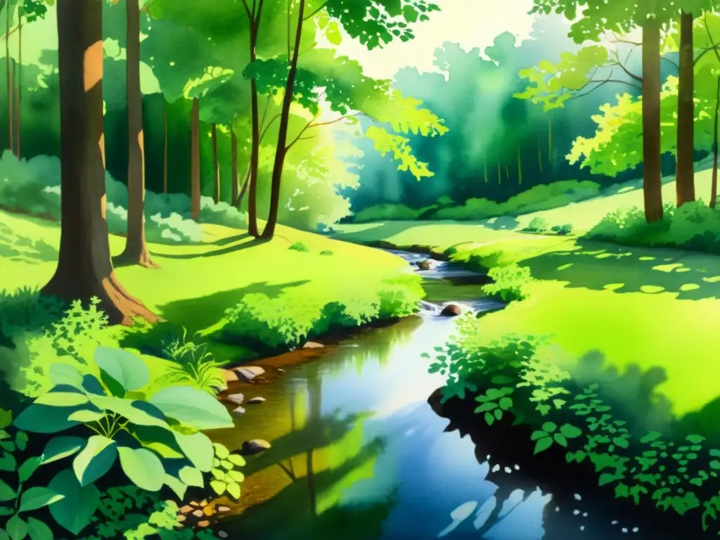 Tranquilo claro del bosque en acuarela Retiro de silencio para introspección: Acuarela serena de un bosque tranquilo con luz filtrándose entre las hojas verdes