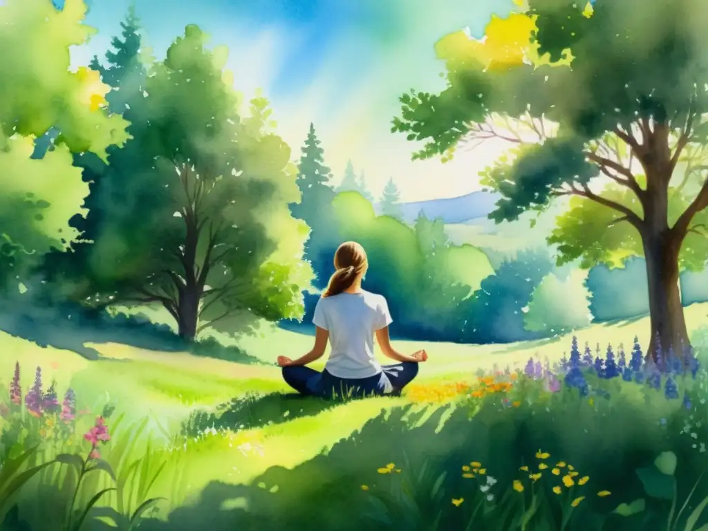 Retiro en la naturaleza: pintura acuarela de serenidad en el prado Retiro de silencio para renovación: pintura serena de una persona en meditación en prado verde con árboles y flores silvestres