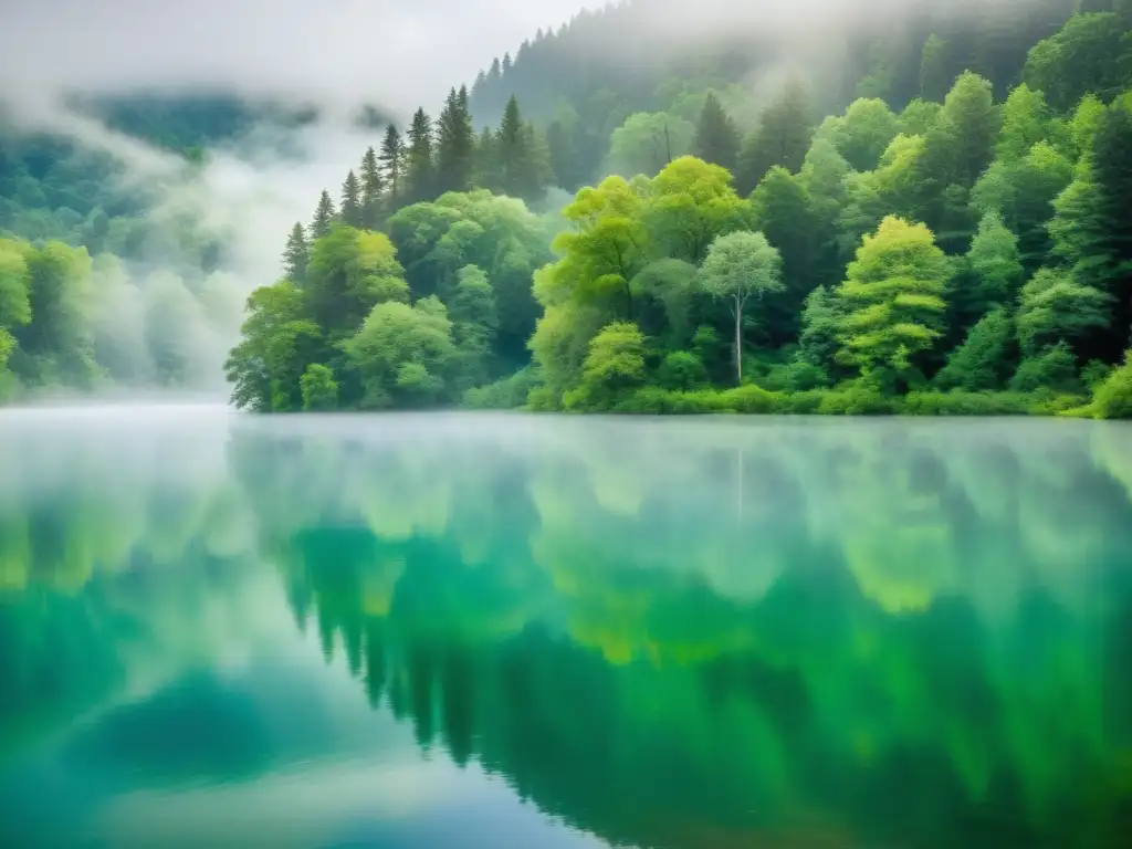 Tranquilidad en el Bosque: Lago Sereno y Frondoso Retiro de silencio para renovación: sereno lago en medio de exuberante bosque, con agua cristalina y suave neblina sobre la superficie