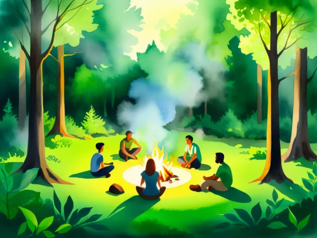 Retiro espiritual en el bosque: conexión y reflexión Retiro de supervivencia espiritual en un claro del bosque, con luz filtrada y conversaciones significativas alrededor de la fogata