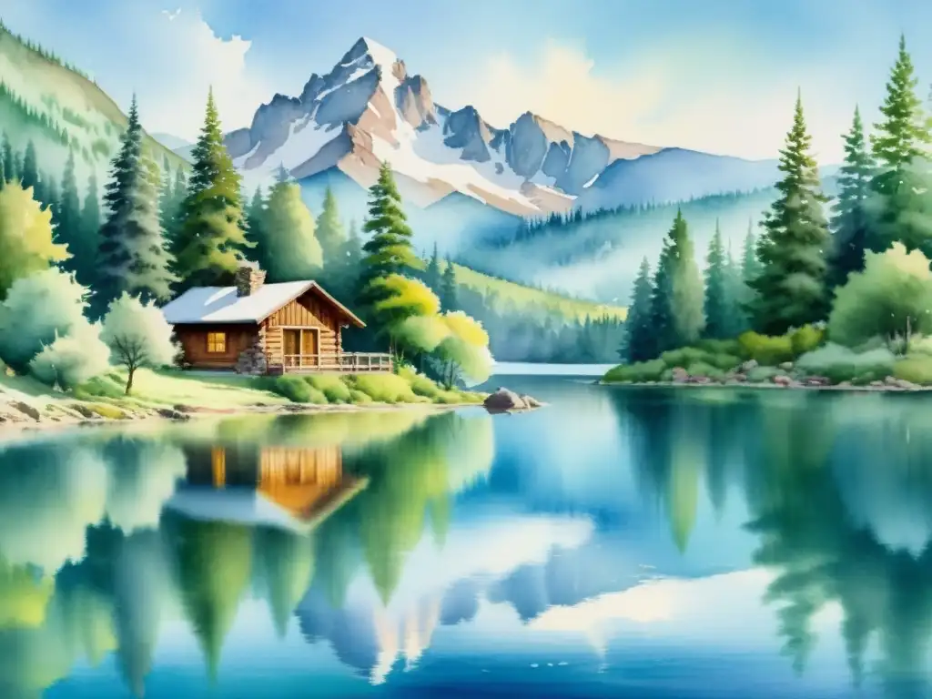 Refugio sereno en la montaña: pintura acuarela Un retiro tranquilo en la montaña con lago reflejando árboles y cabaña de madera