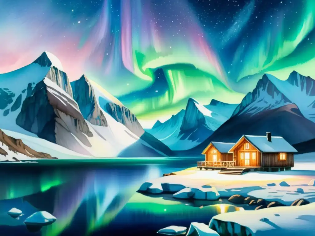 Retiro de meditación en el Ártico: paisaje nevado y sereno Retiros de meditación en el Ártico: Paisaje sereno y nevado con cabañas iluminadas por velas, reflejos de auroras boreales en el fiordo