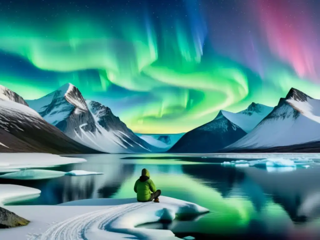 Arte en acuarela de un paisaje ártico sereno con auroras boreales Retiros de meditación en el Ártico: pintura serena de paisaje ártico con tundra helada, lago con auroras y meditador en contemplación