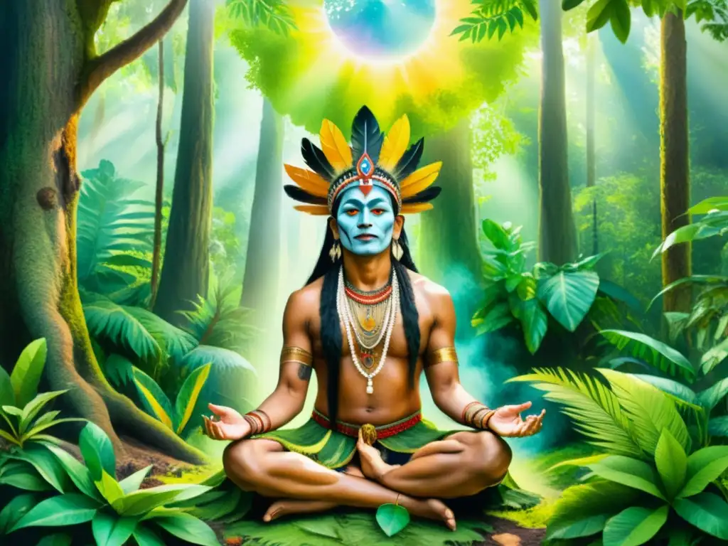 Ritual de limpieza chamánica en la selva: acuarela detallada Retiros de chamanismo para equilibrio: Pintura detallada de un chamán realizando un ritual de limpieza en un exuberante bosque, con flora y fauna vibrante