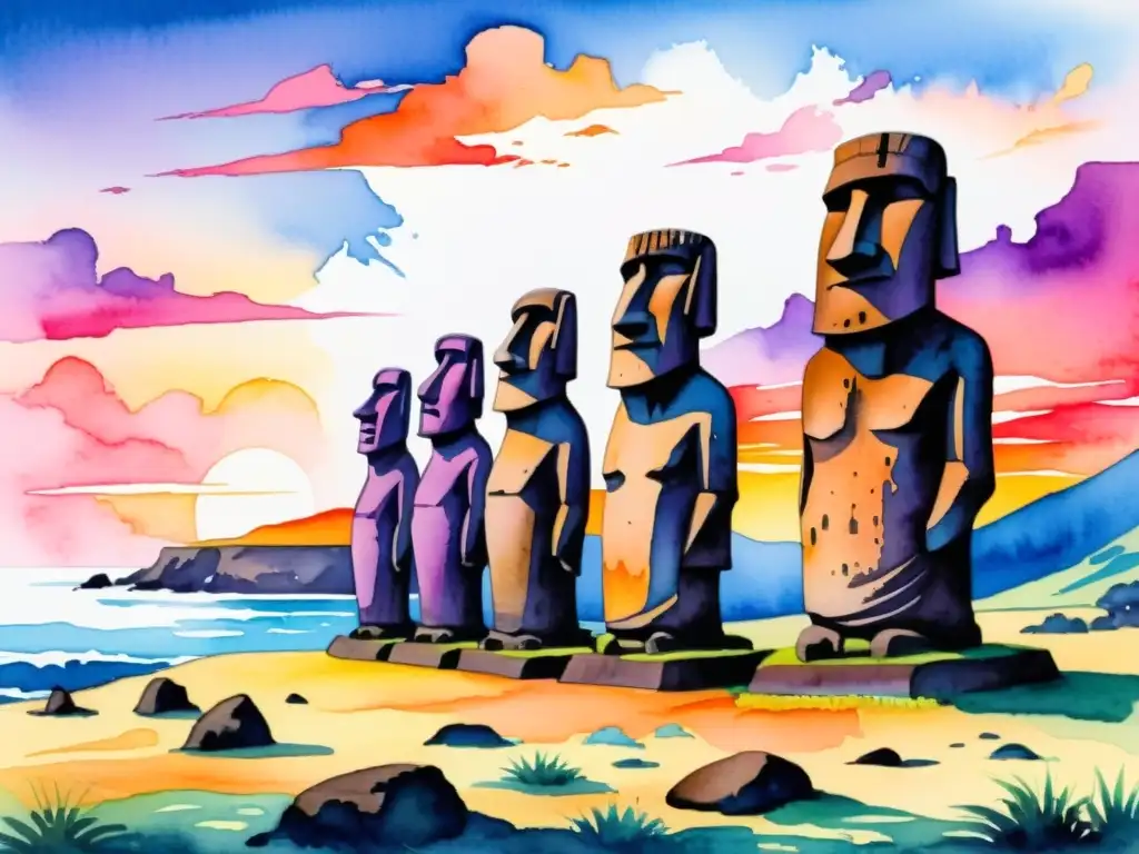 Pintura acuarela: Moai de Pascua al atardecer Retiros espirituales Isla de Pascua: Increíble acuarela detallada de los icónicos moai de la Isla de Pascua, bajo un atardecer impresionante
