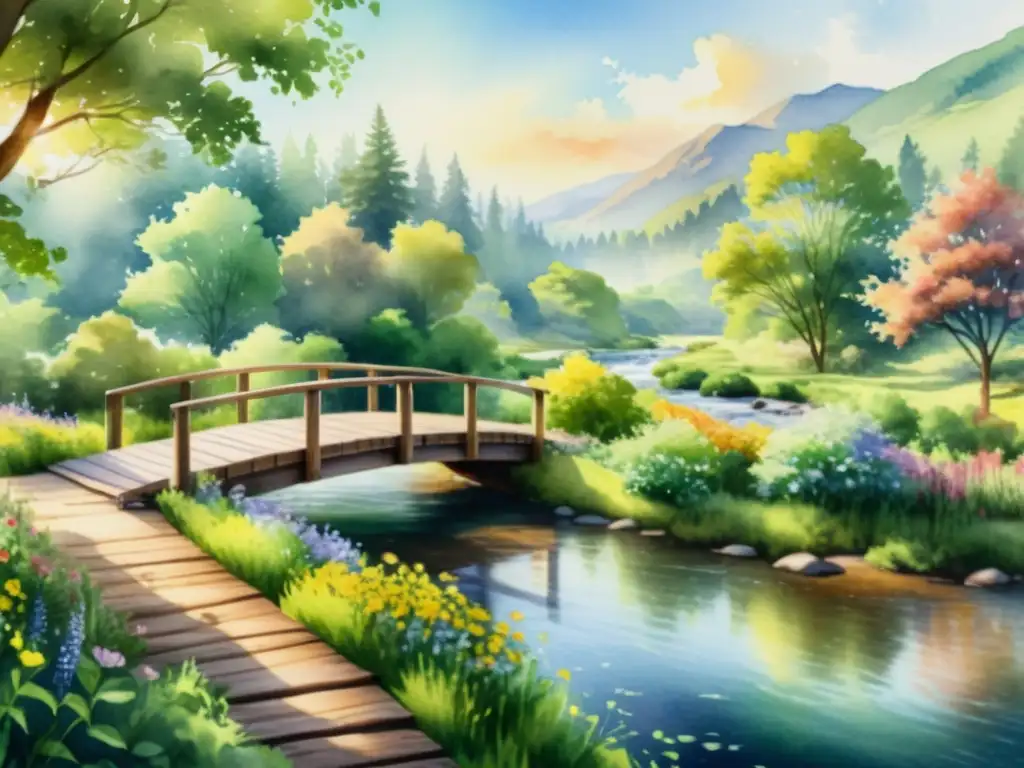 Paisaje sereno: río, árboles y flores en acuarela 8k Retiros espirituales con música mindfulness: Pintura acuarela 8k de un paisaje sereno con río, árboles y flores silvestres bajo cálido sol