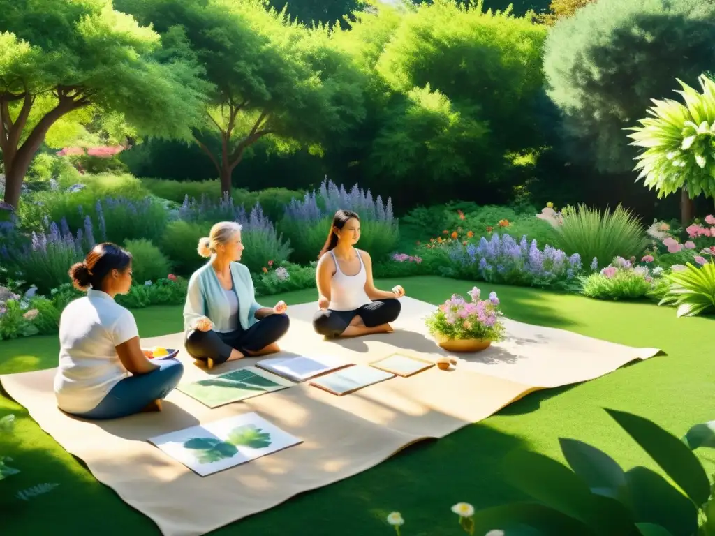 Retiro creativo: meditación y acuarelas en jardín soleado Retiros espirituales arte meditación: Jardín sereno, flores en flor, gente meditando y pintando acuarelas entre naturaleza y luz solar