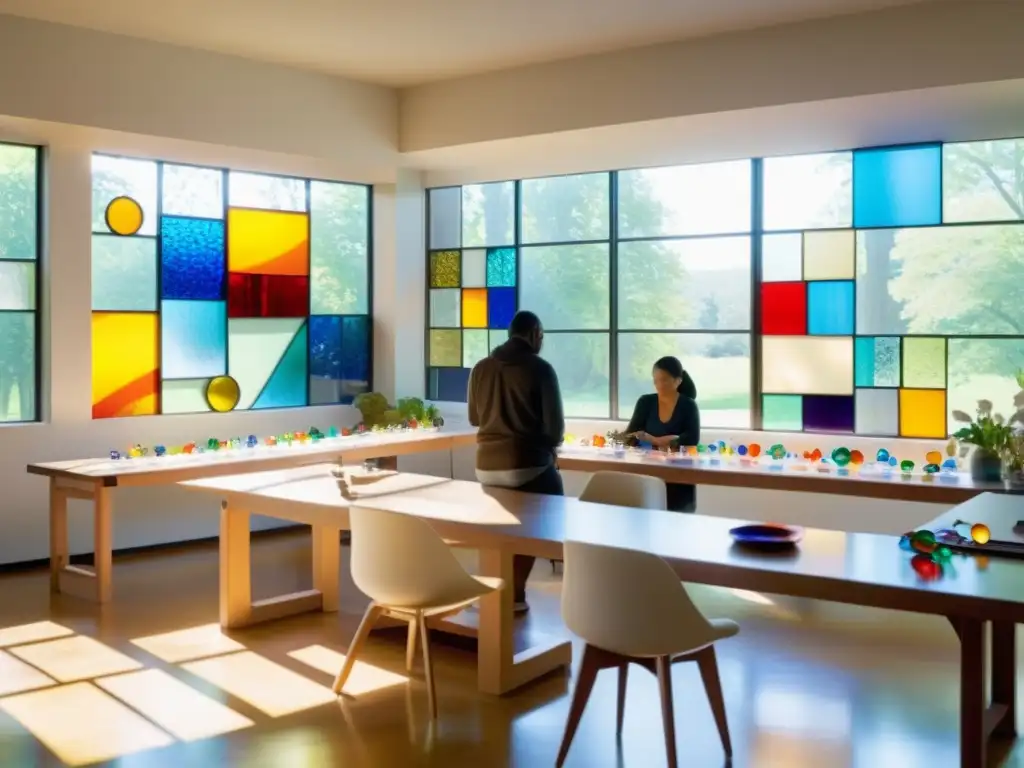 Retiro de Arte en Vidrio: Creación Tranquila y Meditativa Retiros espirituales arte vidrio: Creatividad y serenidad en un estudio soleado, donde participantes crean diseños de vitrales