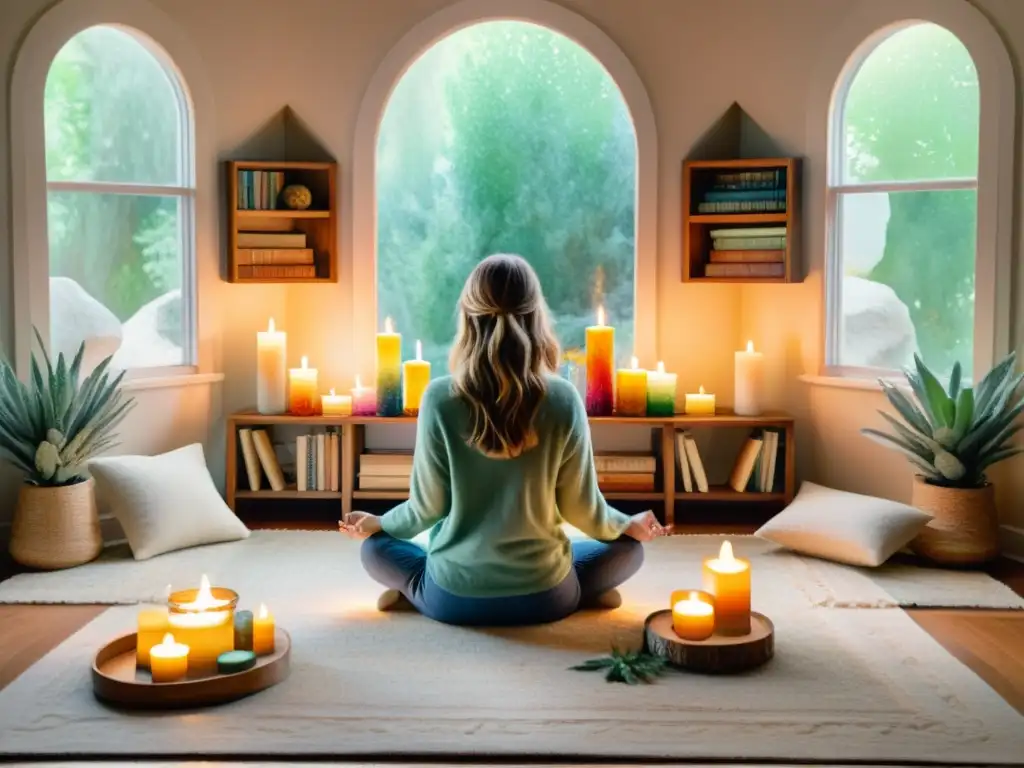 Mediación espiritual en sala acogedora Retiros espirituales en casa: Acogedora sala de estar con luz natural, meditación, cristales, libros espirituales y plantas