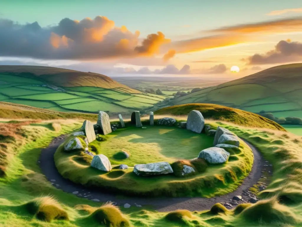 Pintura acuarela 8k de círculo de piedras en la campiña irlandesa Retiros espirituales en Irlanda celta: pintura acuarela en 8k de un antiguo círculo de piedra en las verdes colinas irlandesas al atardecer