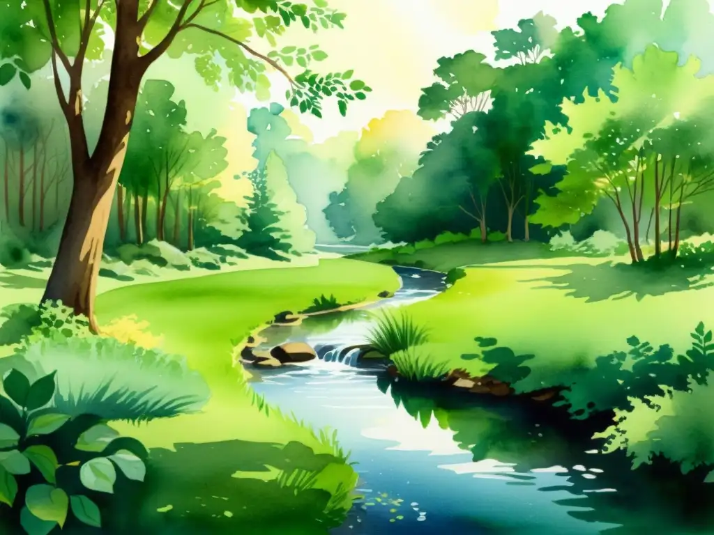 Bosque tranquilo: ilustración serena en acuarela Retiros espirituales en un claro del bosque, con luz suave filtrándose entre los árboles y un arroyo tranquilo