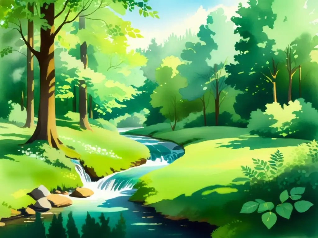 Bosque sereno: Acuarela de tranquilidad Retiros espirituales con coaches virtuales: un sereno claro de bosque, iluminado por el sol, refleja paz y naturaleza exuberante en una acuarela