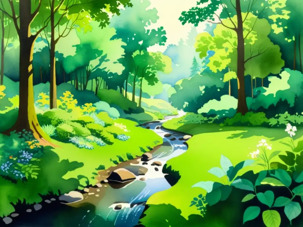 Bosque sereno en acuarela: luz filtrada y tranquilidad Retiros espirituales en conexión con la tierra: Pintura acuarela serena de un exuberante bosque con luz solar filtrándose a través del dosel, creando sombras moteadas en el suelo
