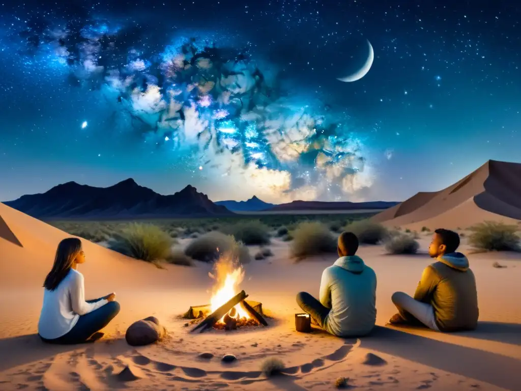 Campamento espiritual bajo la Vía Láctea Retiros espirituales en desierto nocturno: pintura en acuarela detallada en 8k de paisaje desértico bajo un cielo estrellado con personas alrededor de una fogata, sumergidos en prácticas espirituales y contemplación