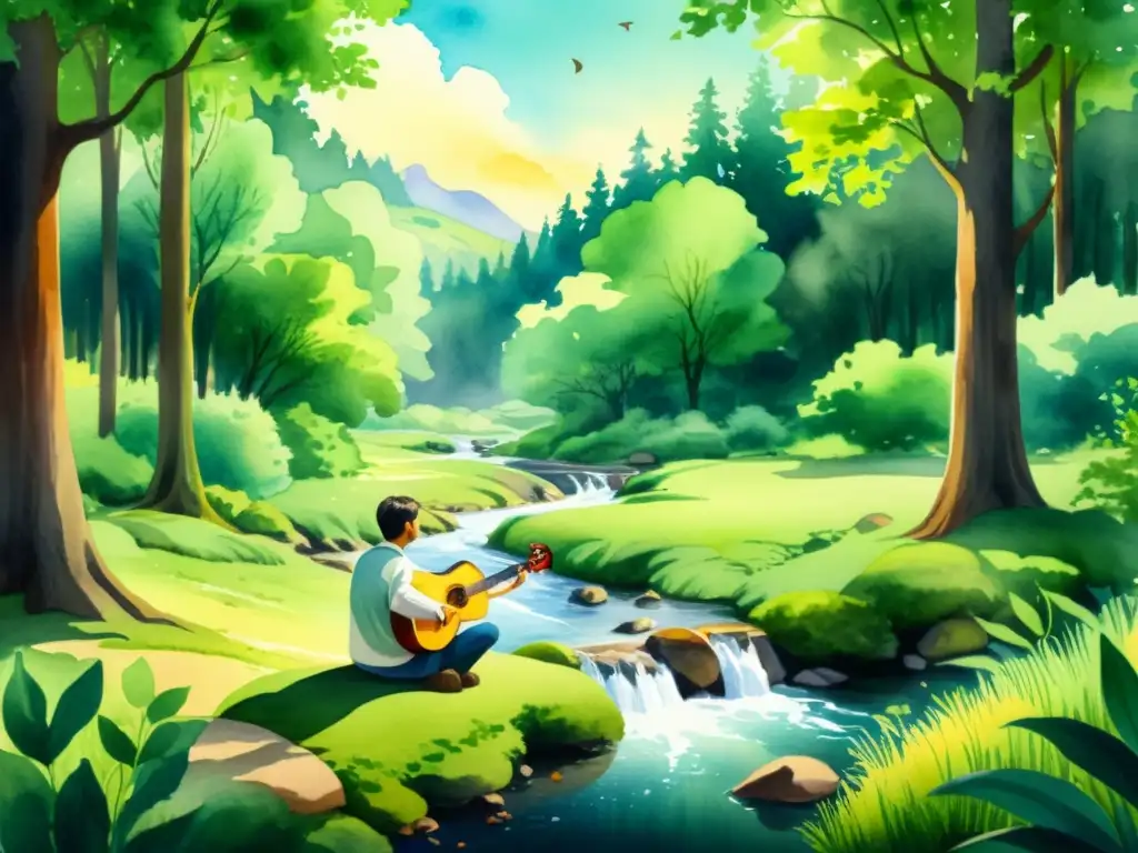 Bosque sereno: acuarela 8k con músico y arroyo Retiros espirituales con música mindfulness: Ilustración detallada en acuarela 8k de un claro de bosque sereno con un arroyo y músico