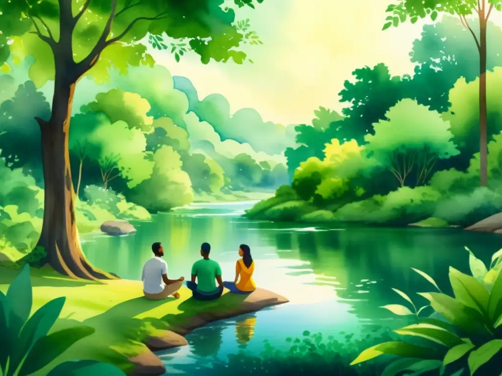 Bosque sereno: meditación junto al río en ilustración acuarela 8k Retiros espirituales meditación IA: Ilustración 8k detallada de un bosque exuberante con un río tranquilo y personas meditando en la orilla