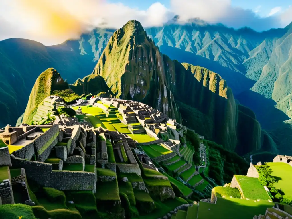 Sunrise en Machu Picchu: Acuarela detallada Retiros espirituales en Machu Picchu: Amanecer dorado sobre ruinas antiguas, misterio y conexión espiritual en acuarela detallada
