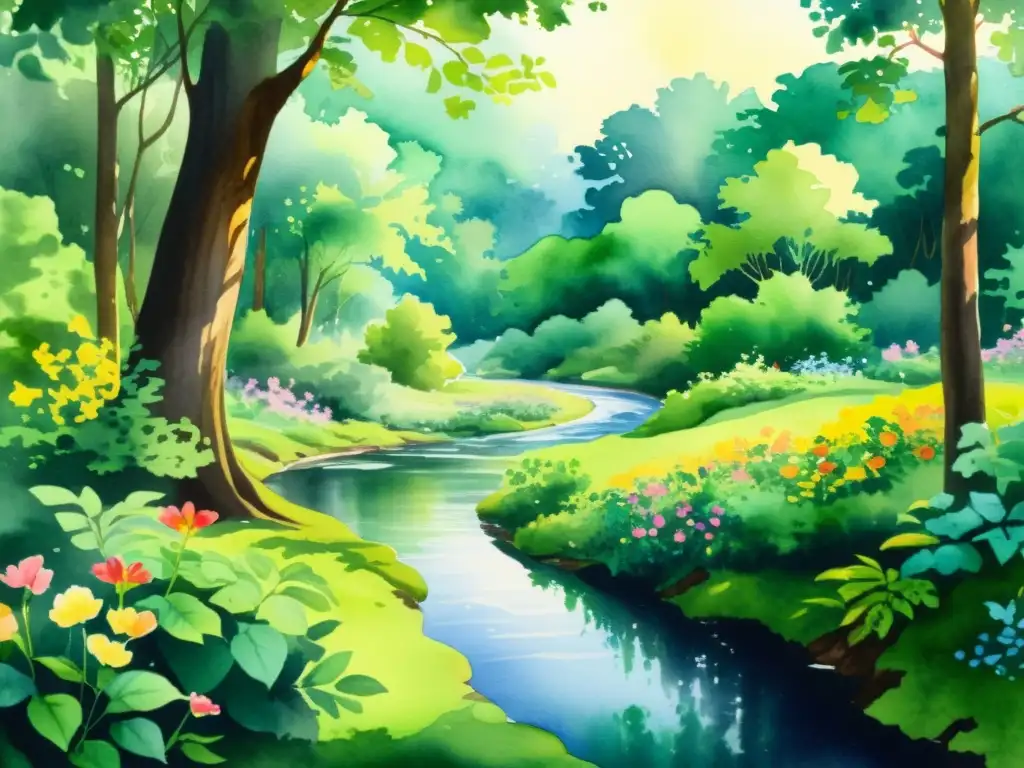 Río sereno en bosque verde: acuarela relajante Retiros espirituales en ecosistemas sonoros: pintura acuarela serena de un exuberante bosque con río serpenteante y vegetación vibrante