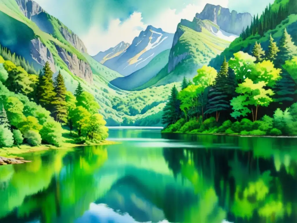 Serena pintura acuarela de montaña verde con lago Retiros espirituales para empresarios: Pintura acuarela de montañas verdes y lago tranquilo, evocando paz y rejuvenación espiritual