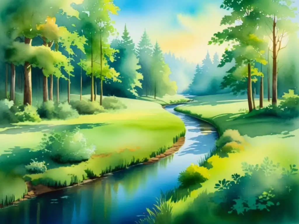 Bosque tranquilo: Acuarela serena de un claro boscoso Retiros espirituales para empresarios: Una serena pintura acuarela de un claro bosque, con luz cálida filtrándose entre la frondosa vegetación