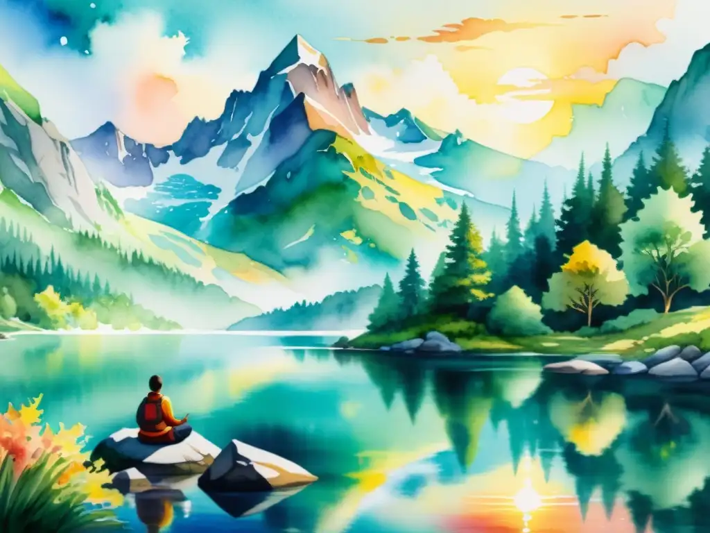 Armonía espiritual en paisaje montañoso con lago cristalino Retiros espirituales con energía de cristales: Pintura en acuarela de montaña serena, lago cristalino y meditadores en armonía con la naturaleza