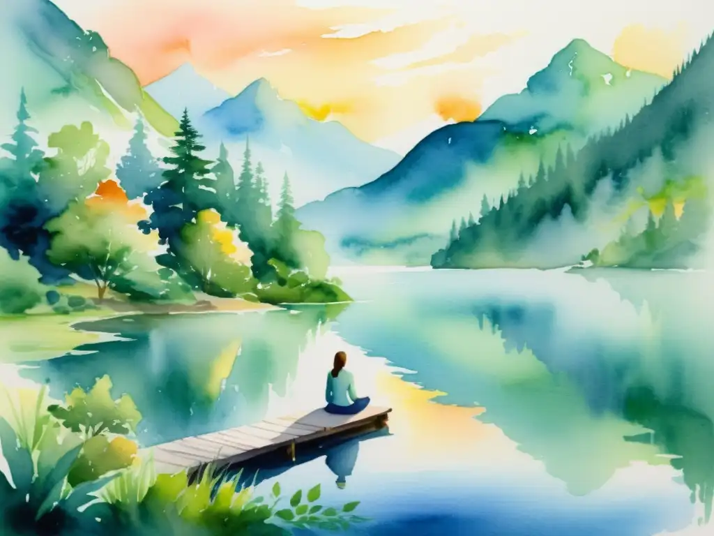 Retiro transformador: Meditación en la montaña Retiros espirituales para renovar energía laboral: pintura acuarela de sereno retiro en las montañas, con lago, figura meditando al amanecer