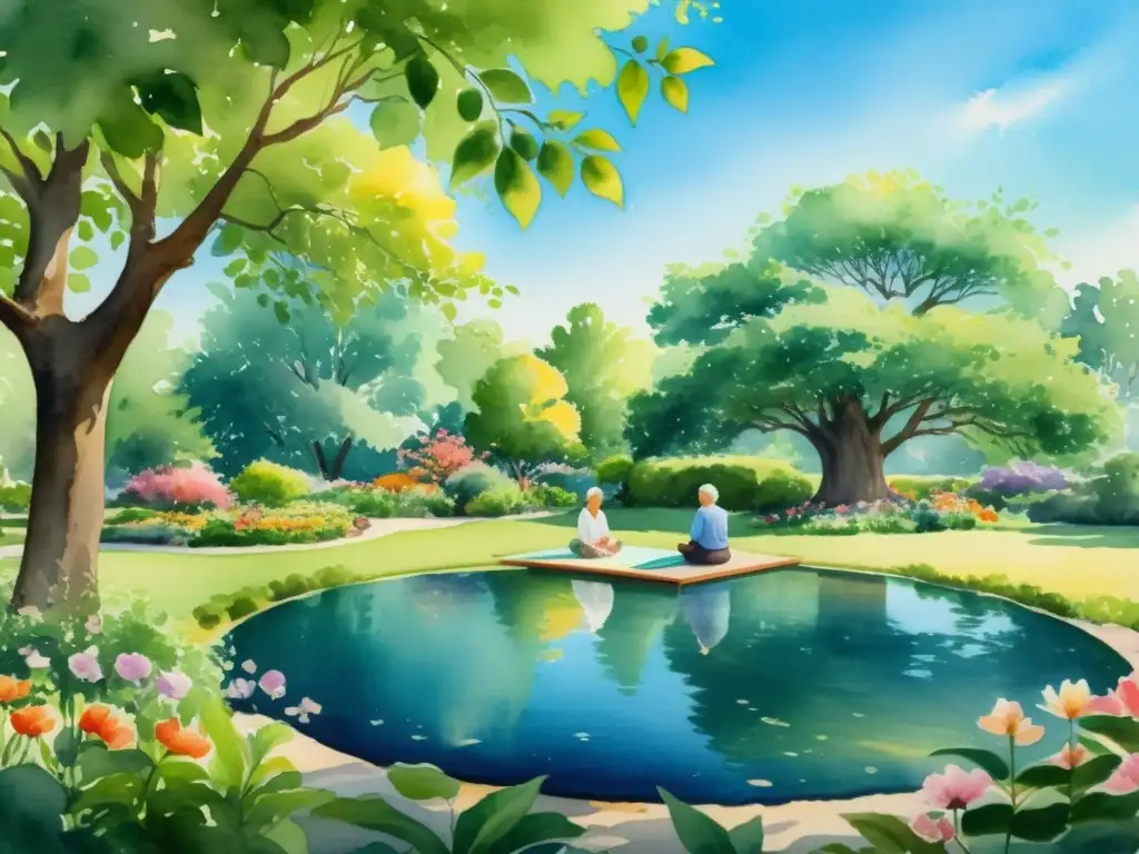 Jardín sereno con yoga y meditación para la tranquilidad Retiros espirituales para envejecimiento consciente: Acuarela 8k detallada de un apacible jardín con flores vibrantes, un estanque y personas mayores practicando yoga y meditación bajo un árbol majestuoso