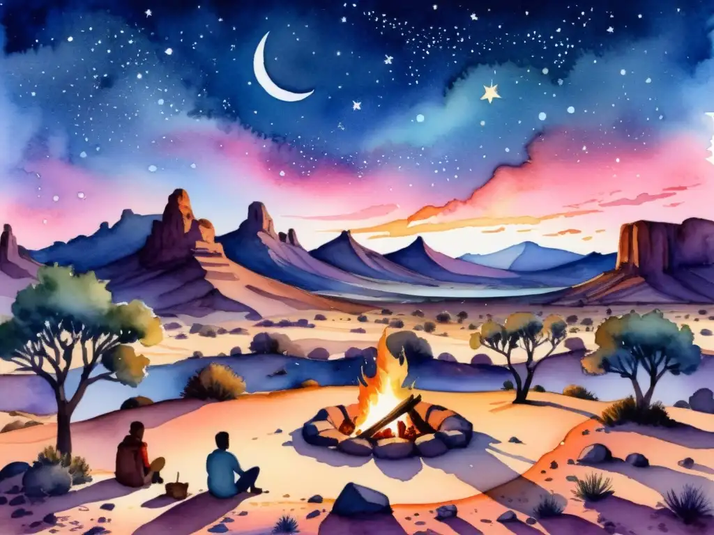 Retiros espirituales observación estelar en el desierto al anochecer, con un paisaje tranquilo y un cielo nocturno vibrante lleno de estrellas